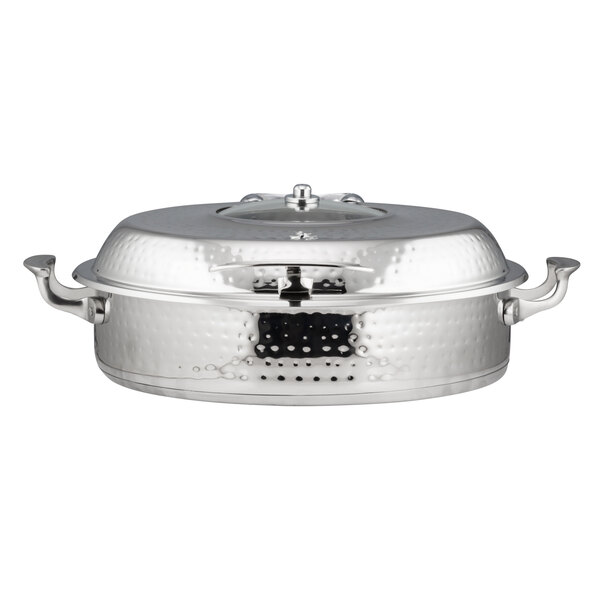 A Bon Chef stainless steel brazier pot with a hinged glass cover.