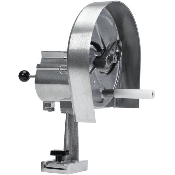 An aluminum Global Solutions rotary fruit and vegetable slicer.