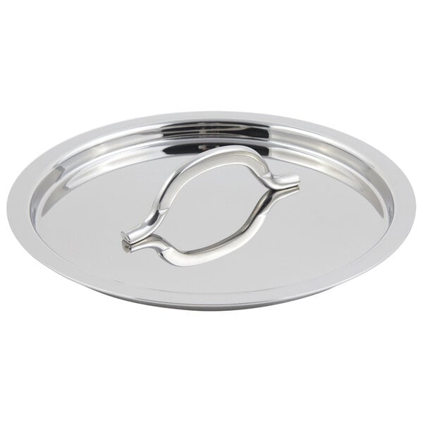 A Bon Chef stainless steel lid with a handle.
