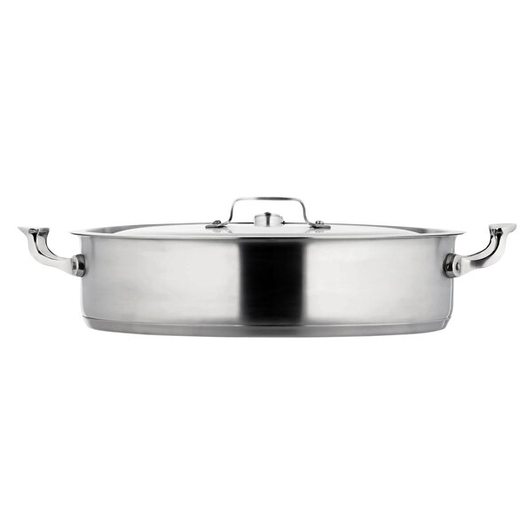 A silver stainless steel Bon Chef brazier pot with a hinged lid.