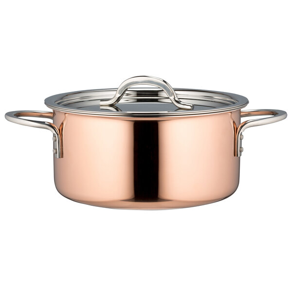 A Bon Chef copper stock pot with a lid and handle.