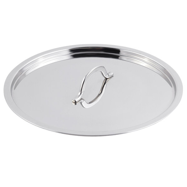 A silver stainless steel Bon Chef lid with a handle.