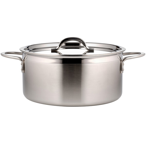 A Bon Chef stainless steel sauce pot with a lid.