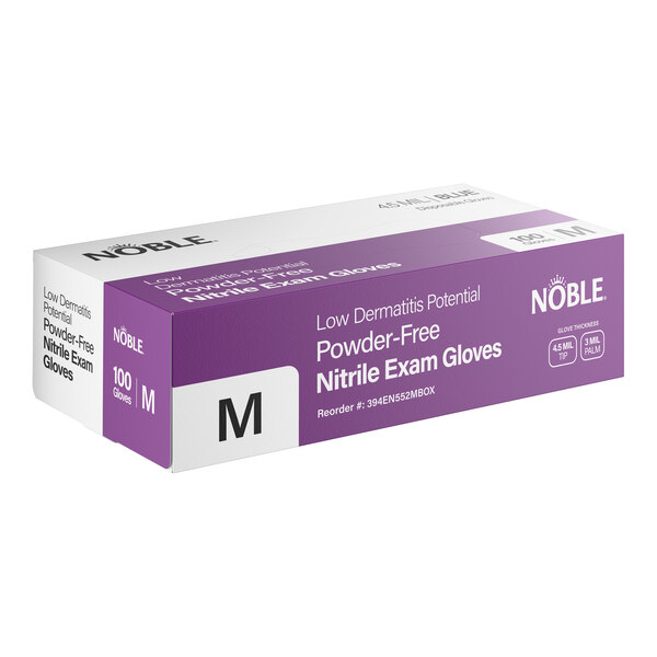 A box of Noble brand medium-sized powder-free nitrile exam gloves containing 100 gloves.