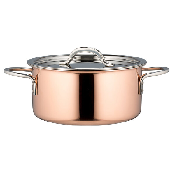 A Bon Chef copper stock pot with a lid.