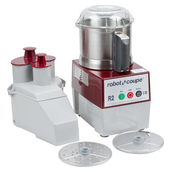 Robot Coupe R2U Combination Food Processor with 3 Qt. Stainless Steel Bowl, Continuous Feed & 2 Discs - 1 hp