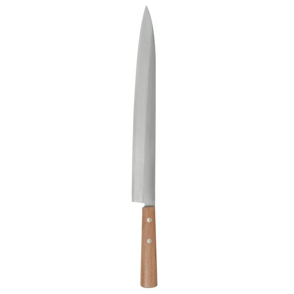 A Thunder Group stainless steel sashimi knife with a wooden handle.