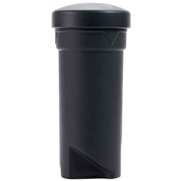A black container with a round lid.