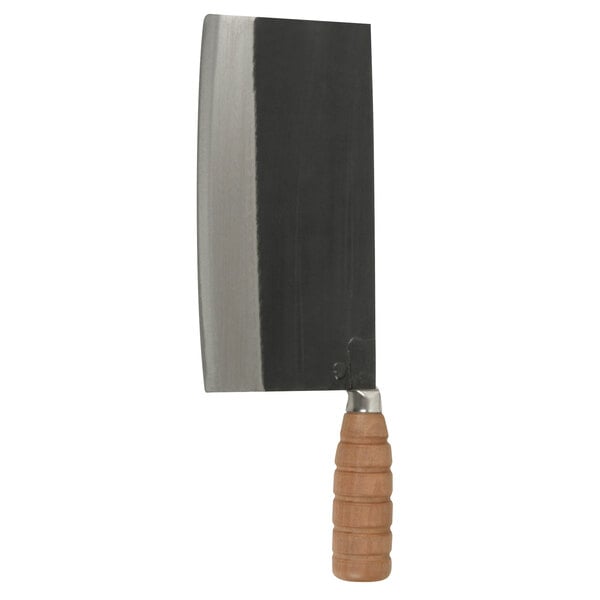A large cleaver with a wooden handle.