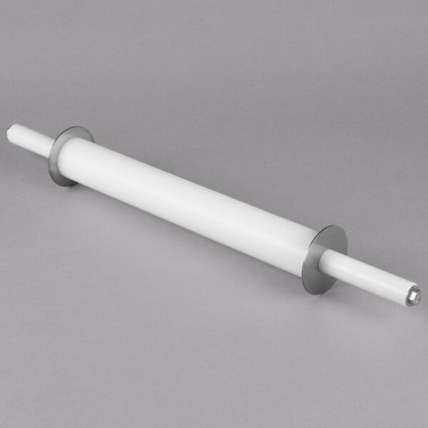 A white cylindrical rolling pin with silver metal riser discs.