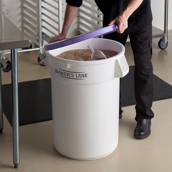 Baker's Lane Allergen-Free 32 Gallon / 510 Cup White Round Ingredient Storage Bin with Purple Lid