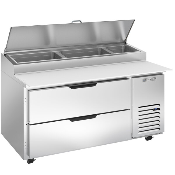 A stainless steel Beverage-Air pizza prep table with two drawers.