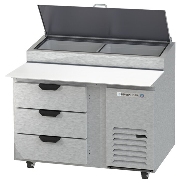 A Beverage-Air stainless steel pizza prep table with 3 drawers.