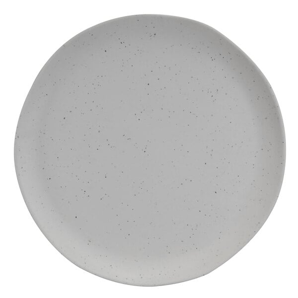 A white Elite Global Solutions round melamine plate with speckled specks.