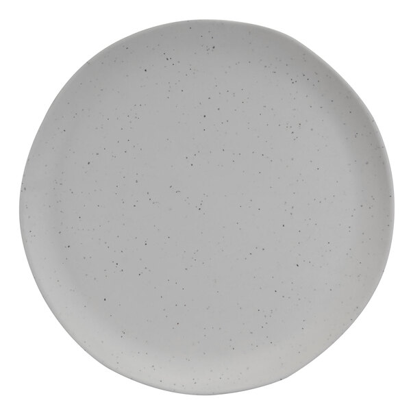 An Elite Global Solutions round melamine plate in eggshell speckled white.