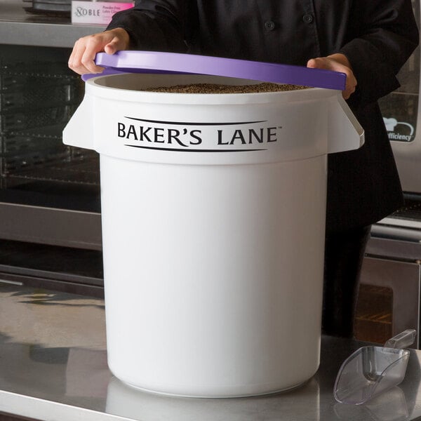 Baker's Lane 20 Gallon / 320 Cup White Round Ingredient Storage Bin with Purple Allergen-Free Lid