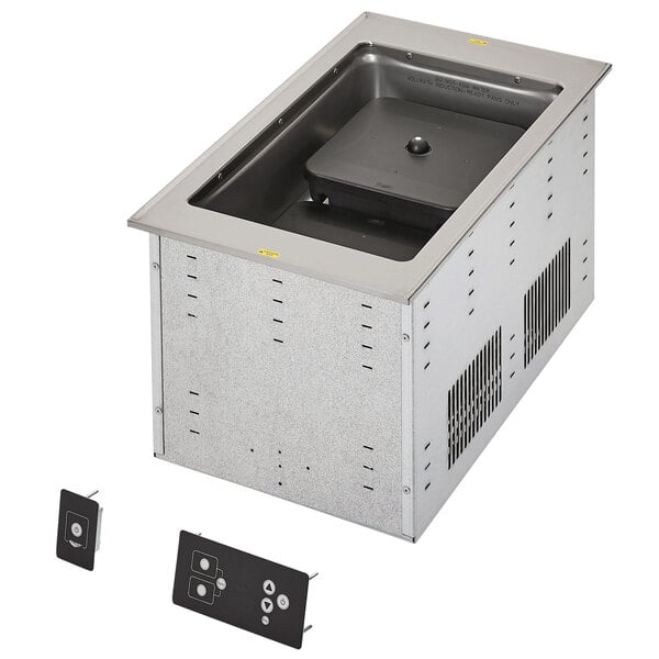 A rectangular stainless steel Vollrath drop-in hot food well with a black square lid.