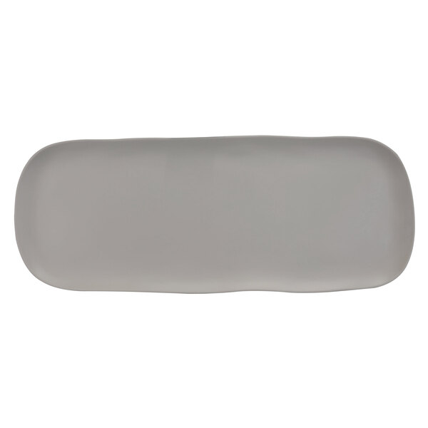A rectangular gray melamine platter with a white border.