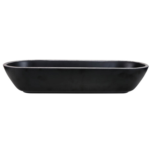 A black rectangular oval melamine bowl with silver lining.