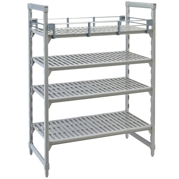 A grey metal Cambro shelf rail kit for a Cambro Camshelving Premium unit.