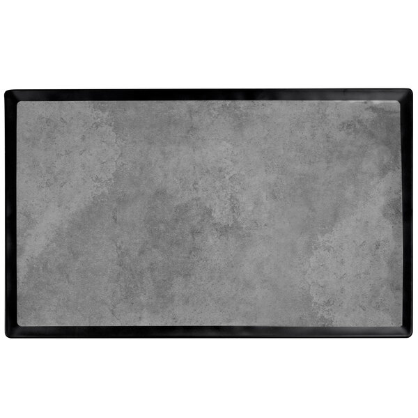 A grey rectangular melamine tray with a black border.