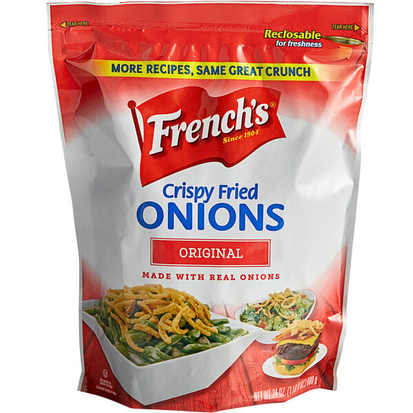 A bag of French's Crispy Fried Onions on a white background.