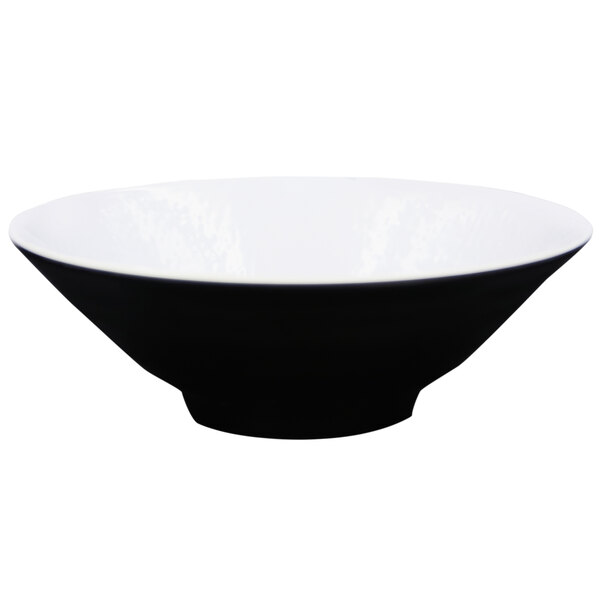 An Elite Global Solutions black bowl with a white rim.
