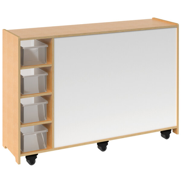A white wooden mobile cabinet with whiteboard and trays on wheels.