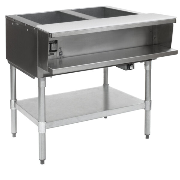 An Eagle Group stainless steel commercial water bath steam table with an open galvanized base holding two pans.