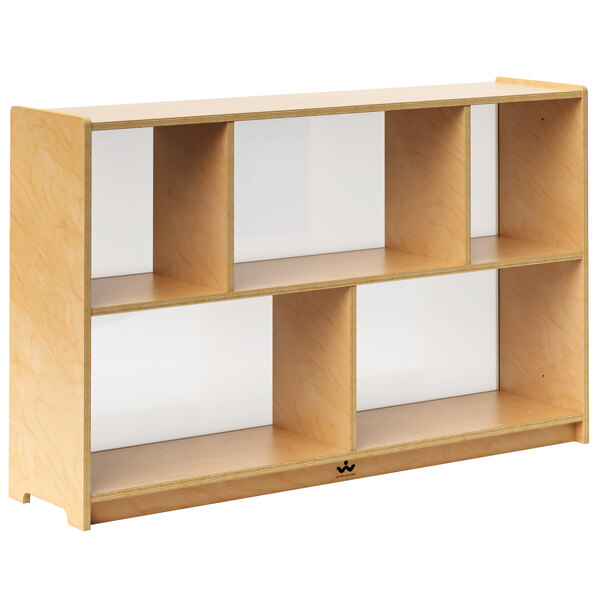 A wooden storage cabinet with clear shelves.