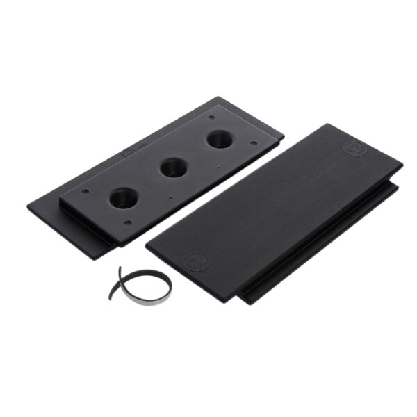 An Ice-O-Matic filler panel kit with two black plastic rectangular plates with holes and screws.