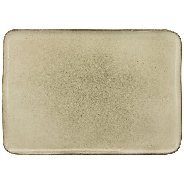 A white rectangular porcelain platter with a speckled design.