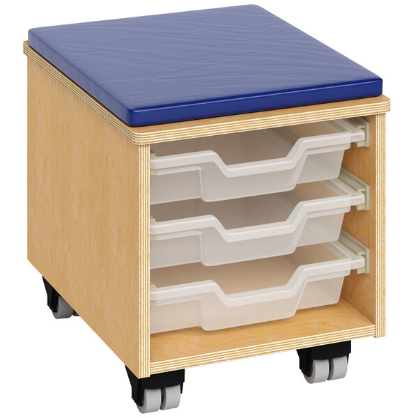 A wooden mobile teacher's stool with blue plastic trays on it.