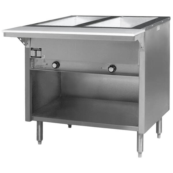 A stainless steel Eagle Group commercial hot food table with an open front.