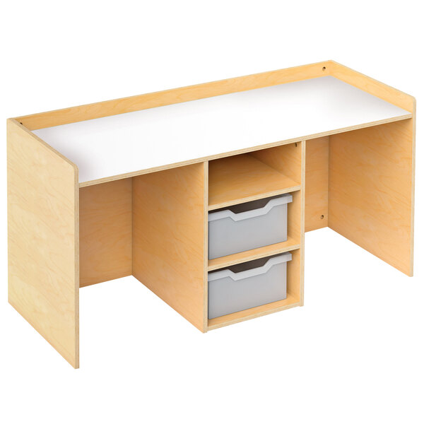A white and beige wooden Whitney Brothers STEM activity desk with drawers.
