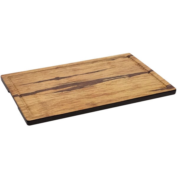 A rectangular faux acacia wood melamine display board with a black border.