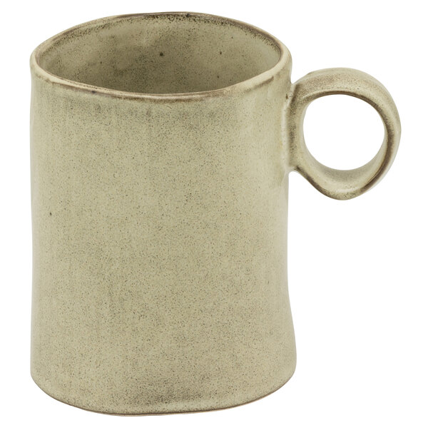 A beige porcelain mug with a handle.
