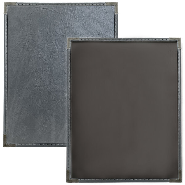 A black leather H. Risch, Inc. Seville menu cover with grey trim.