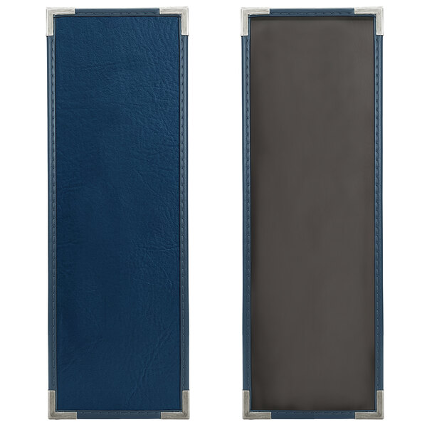 A rectangular blue leather menu cover with a white border.