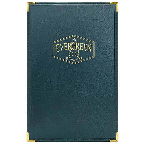 A dark green evergreen® leather menu cover with a single view and custom insert.