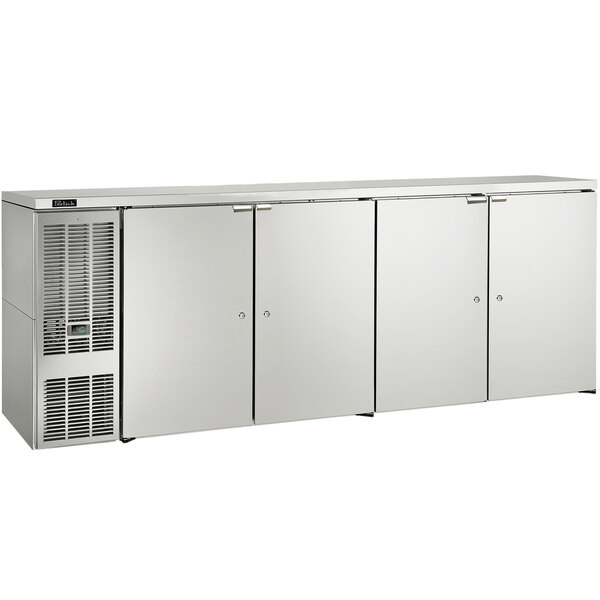 A large stainless steel Perlick beer dispenser refrigerator with three doors.
