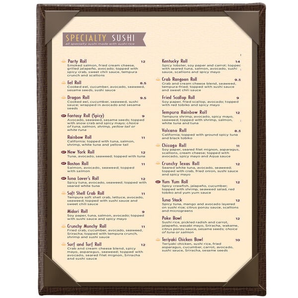 A Menu Solutions Wicker menu cover with a brown frame and white paper.
