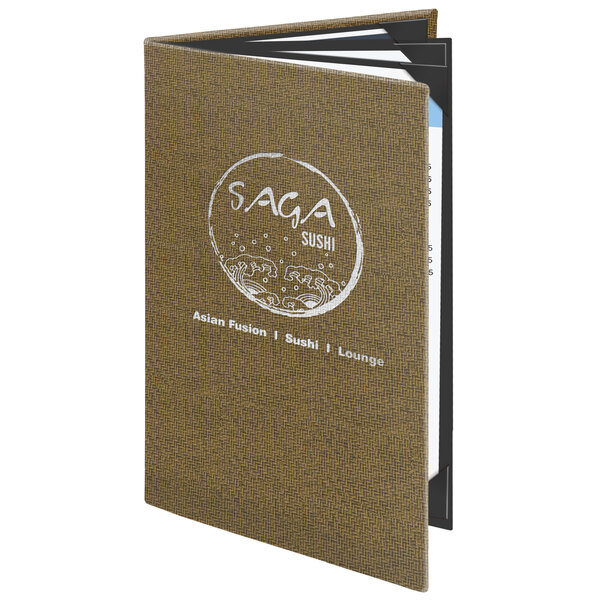 A brown Menu Solutions wicker menu cover with white text and a logo on the cover.