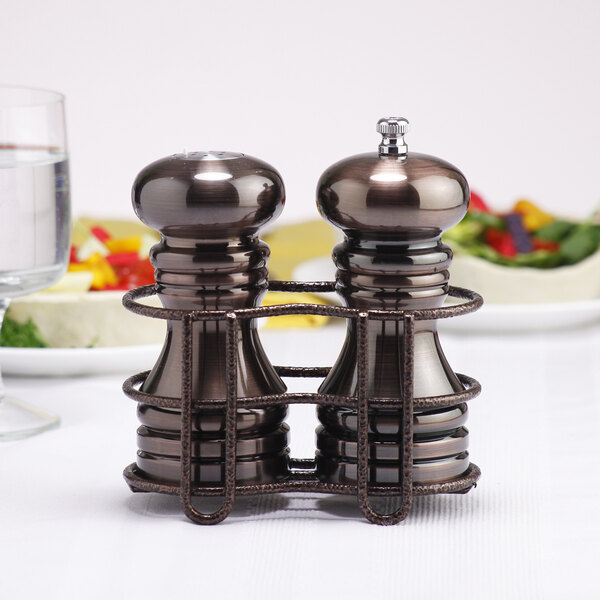 Chef Specialties 90055 5 7/8" Burnished Copper Pepper Mill / Salt Shaker Set with Holder