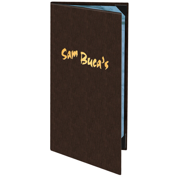 A brown Menu Solutions menu cover with yellow customizable writing on it.