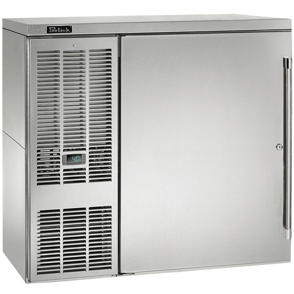 A silver stainless steel Perlick beer dispenser refrigerator with a door open.