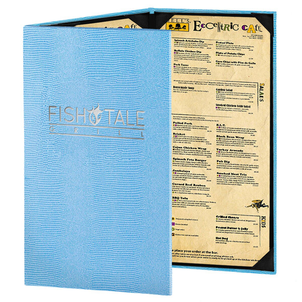 A blue Menu Solutions Slim Line customizable menu cover with black text on a table.
