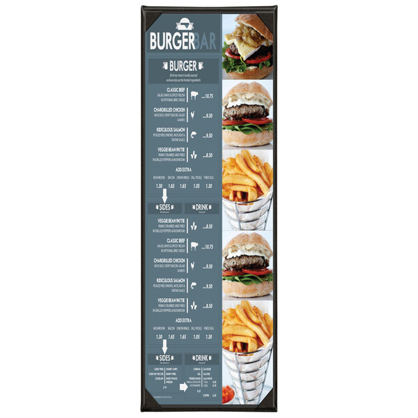 A close-up of a customizable menu cover with a white background displaying a burger.