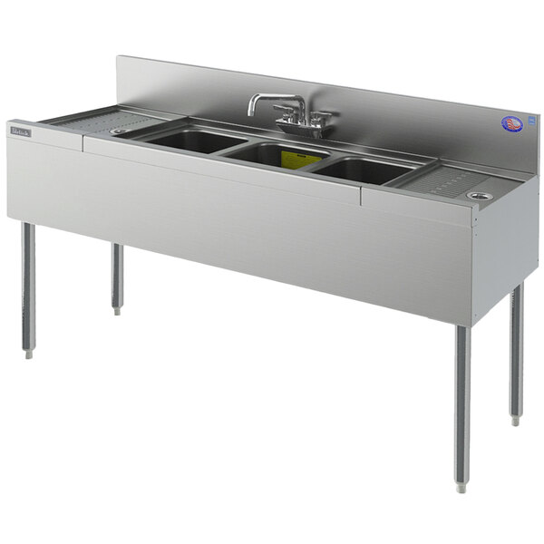 Perlick TS83C 3 Bowl Stainless Steel Underbar Sink with Two 30" Drainboards and 6" Backsplash - 96" x 18 9/16"
