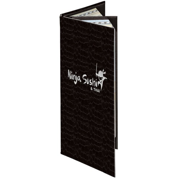 A black Menu Solutions triple panel menu cover with white text on the front.